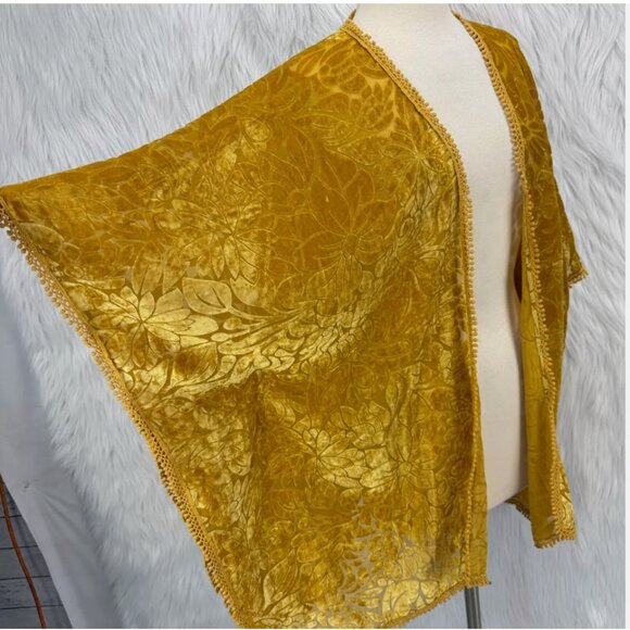 Natural Life Burnout Velvet Open Kimono Top Golden Yellow Boho Fairy Festival - Picture 6 of 14